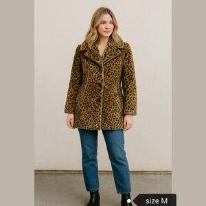 Faux Fur Leopard Black Coat Jacket Size Medium